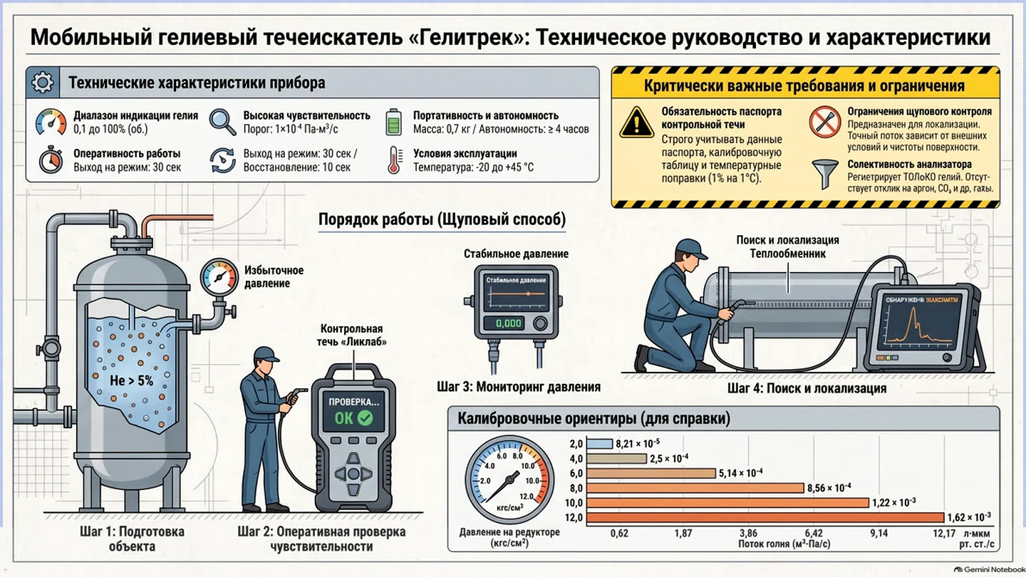 Пошаговая схема работы мобильным гелиевым течеискателем Гелитрек
